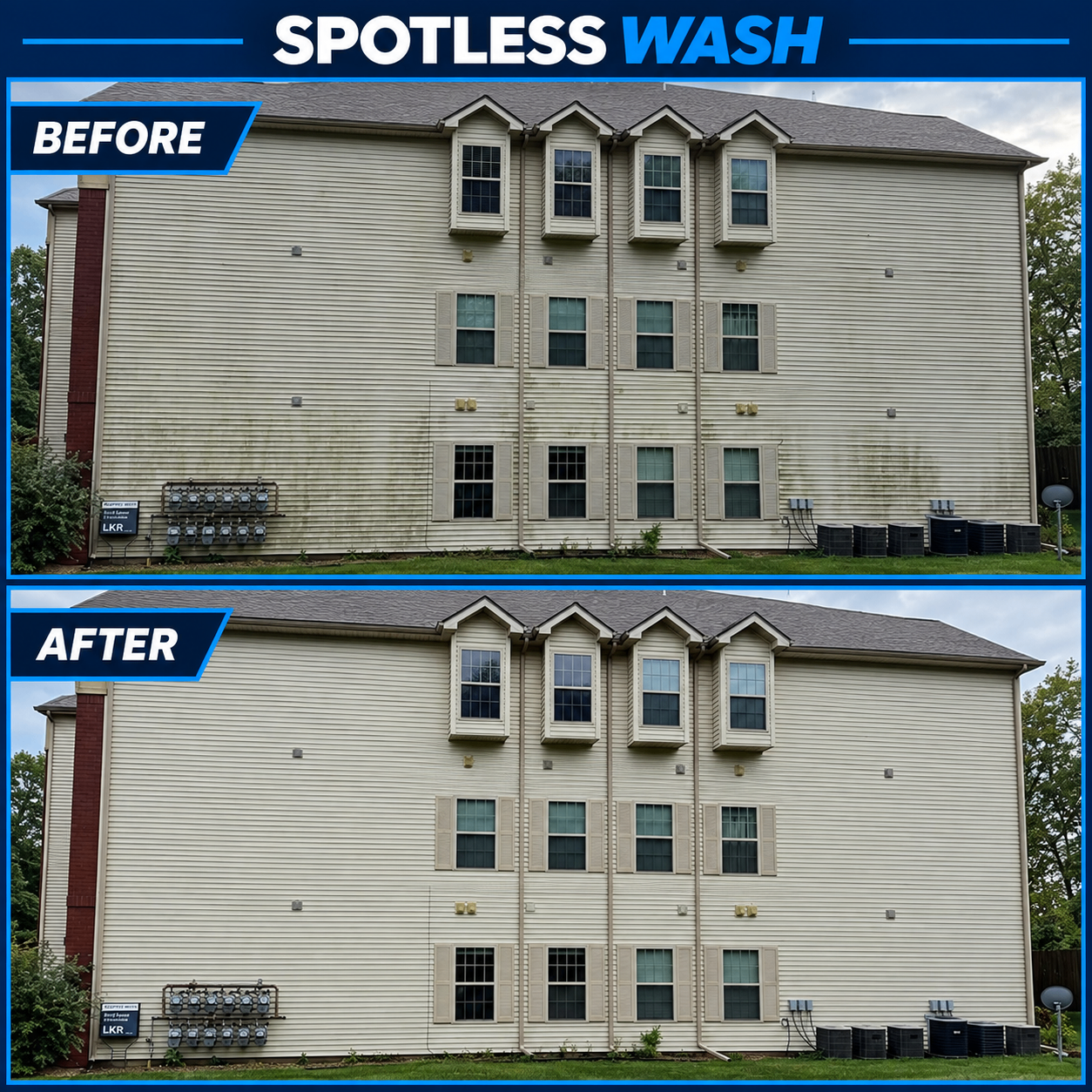 Spotless Wash before-and-after apartment building siding cleaning